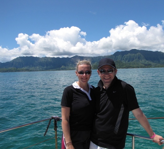 Nancy and Shawn Power saying Aloha from Hawaii, on the water