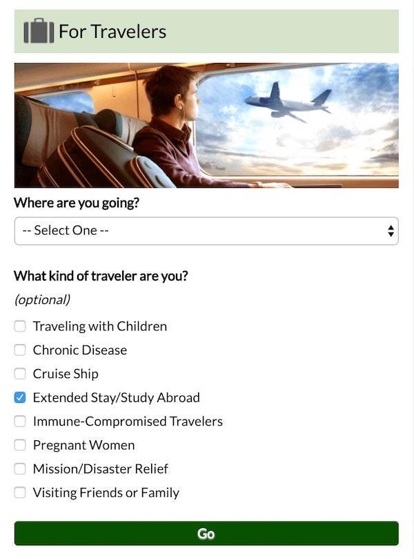 CDC For Travelers Vaccine tool