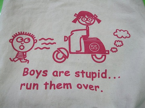 Girl's bag in South Korea: "boys are stupid...run them over"; photo by Once a Traveler