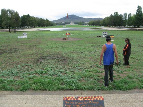 Visiting the Australian Aboriginal Tent Embassy in Canberra with our guide Sheralee