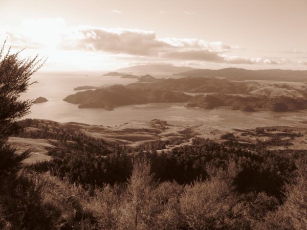 The few from Mana Retreat centre over the ocean inlet on the Coromandel peninsula in New Zealand