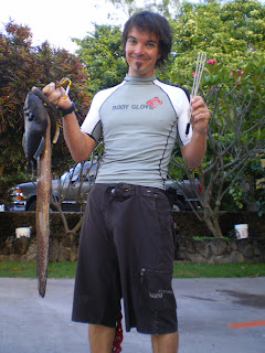 Kelly's spearfishing catch of the day with a three-pronged spear