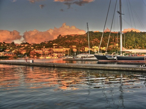 Grenada's harbour with sailboats moored