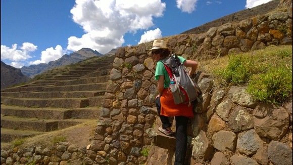 The Professional Hobo climbing the steep terraces in Peru