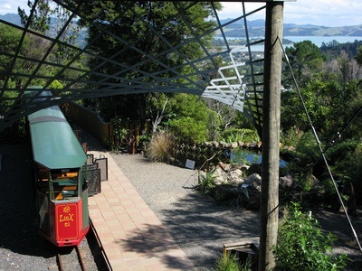 The boarding area for Driving Creek, with the single train car ready for passengers