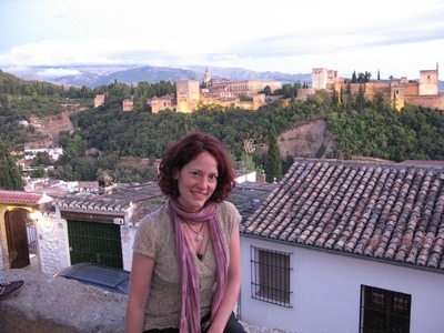 Nora Dunn, The Professional Hobo, in Granada Spain, with Al Hambra in the background