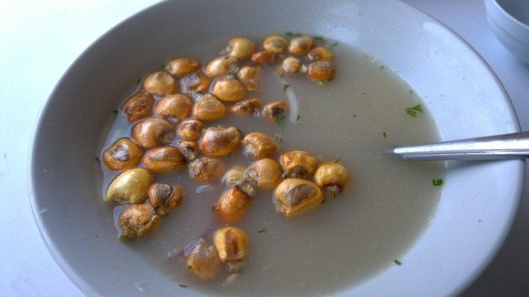 Chilcano, a Peruvian soup with toasted corn and ceviche