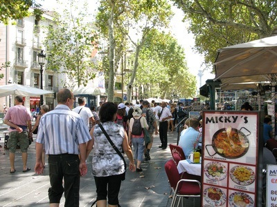 restaurant on La Ramblas, with hawkers proffering menus