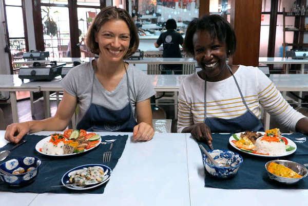 Authentic Food Quest's Rosemary and Claire, enjoying the "fruits" of their labour