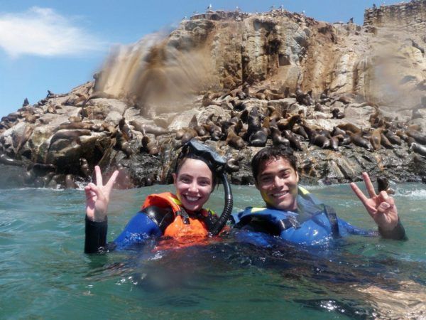 Srah Howell and friend floating in the water in Peru with seals in the background